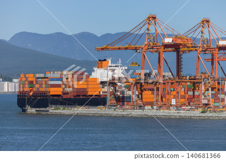 Cargo ship at container port loading global trade goods Cargo ship at container port loading global trade goods 140681366