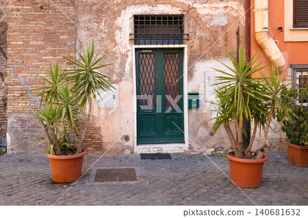 Traditional European house entrance with green wooden door and potted yucca plants. Traditional European house entrance with green wooden door and potted yucca plants. 140681632