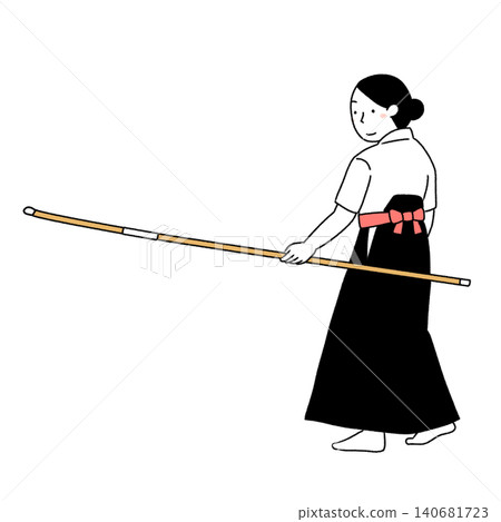 一幅簡單的插圖，描繪了一位女性揮舞薙刀（一種日本長柄武器）。 140681723