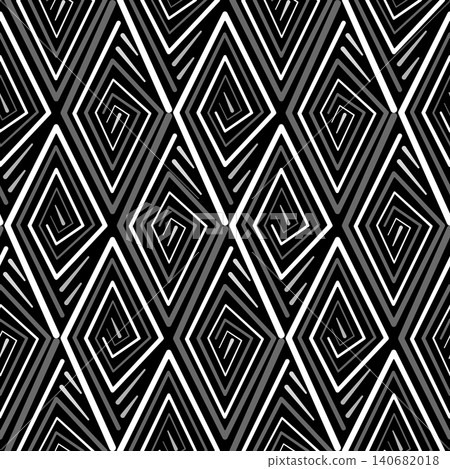 Seamless geometric pattern of swirls and lines. Monochrome ethnic ornament. Gray white spirals curl on black background. Minimalist graphic design Seamless geometric pattern of swirls and lines. Monochrome ethnic ornament. Gray white spirals curl on black background. Minimalist graphic design 140682018