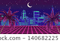 8-bit retro futuristic city at night with palm trees and crescent moon 140682225
