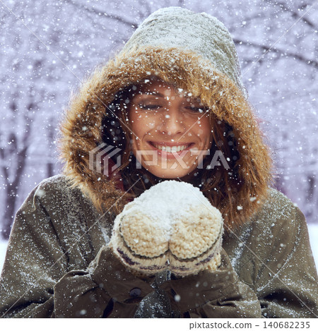 Snowball, excited and face of woman with snow outdoors for season, snowing weather and cold climate. Travel, fashion and happy person in nature on winter holiday, vacation and weekend in Switzerland 140682235