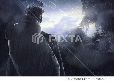 Man, forest and camping with survival in storm, thunder and shelter of lightning in outdoor environment. Camper, backpack and view in nature with rain, back and hiking in dangerous weather conditions Man, forest and camping with survival in storm, thunder and shelter of lightning in outdoor environment. Camper, backpack and view in nature with rain, back and hiking in dangerous weather conditions 140682422