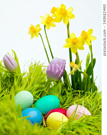 Easter, flowers and eggs on grass in studio for celebration, kids fun and creative with candy. Culture, tradition and chocolate on lawn with color for hunt Good Friday, festive and christian holiday Easter, flowers and eggs on grass in studio for celebration, kids fun and creative with candy. Culture, tradition and chocolate on lawn with color for hunt Good Friday, festive and christian holiday 140682460