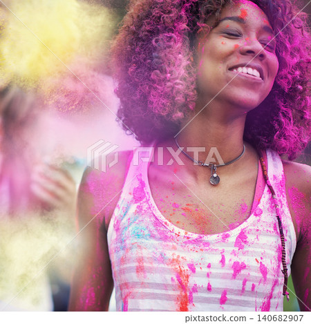 Powder, paint and woman at color festival in park, happiness and fun with celebration or party outdoor. Freedom, excited and colorful mess, smile with joy and culture, positivity and summer event Powder, paint and woman at color festival in park, happiness and fun with celebration or party outdoor. Freedom, excited and colorful mess, smile with joy and culture, positivity and summer event 140682907
