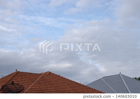 Roof rooftop tile sky cloud house architecture bird over suburban neighborhood, red terracotta and gray ceramic roofing under soft overcast daylight, calm weather, copy space Roof rooftop tile sky cloud house architecture bird over suburban neighborhood, red terracotta and gray ceramic roofing under soft overcast daylight, calm weather, copy space 140683010
