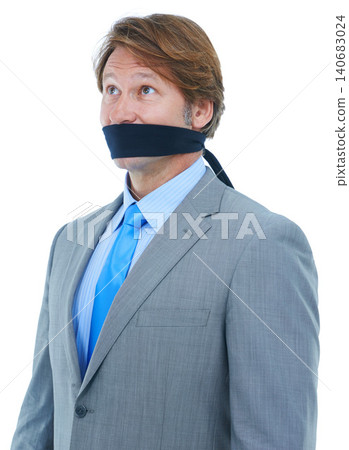 Studio, silence and businessman in suit for corporate company as executive in career or job. White background, employee and male person with cover on mouth by management in workplace for secret Studio, silence and businessman in suit for corporate company as executive in career or job. White background, employee and male person with cover on mouth by management in workplace for secret 140683024