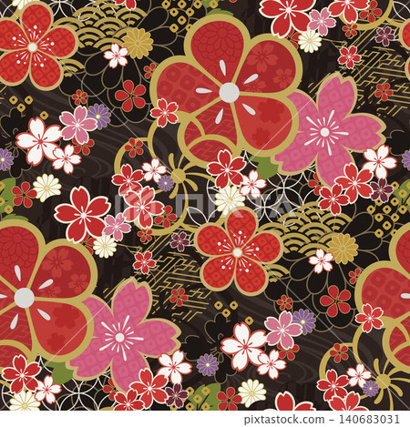 Seamless pattern with scattered cherry blossom and plum blossom motifs - Black and red - 1:1 140683031