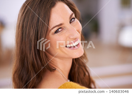 Home, happiness and woman with smile in portrait, positive attitude or good mood with pride. Casual, confidence and optimism with joy, delight and comfortable at house or apartment with satisfaction Home, happiness and woman with smile in portrait, positive attitude or good mood with pride. Casual, confidence and optimism with joy, delight and comfortable at house or apartment with satisfaction 140683046