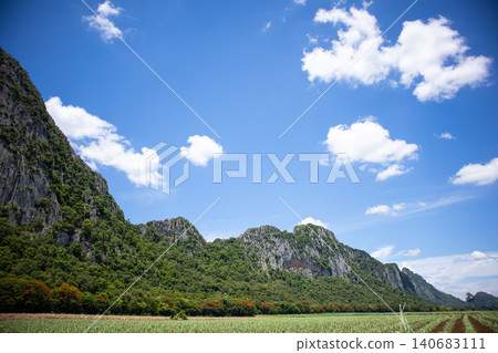 Mountain forest farmland field blue sky cloud landscape nature countryside with rugged limestone ridge, lush green vegetation, and cultivated crop rows under bright sunlight, calm travel mood Mountain forest farmland field blue sky cloud landscape nature countryside with rugged limestone ridge, lush green vegetation, and cultivated crop rows under bright sunlight, calm travel mood 140683111