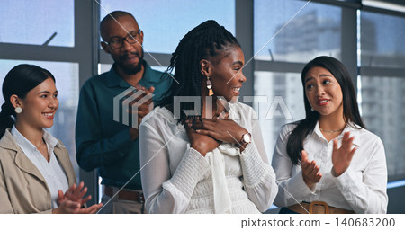 Business people, team and applause for success on partnership, onboarding and promotion with support. Celebration, employees and clapping hands for welcome, thank you and agreement on contract deal 140683200