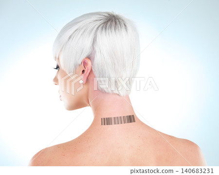 Back, woman and barcode on her neck, data and registration on a blue studio background. Model, mockup space and innovation with tech and cyber with ai and futuristic with automation and serial number Back, woman and barcode on her neck, data and registration on a blue studio background. Model, mockup space and innovation with tech and cyber with ai and futuristic with automation and serial number 140683231