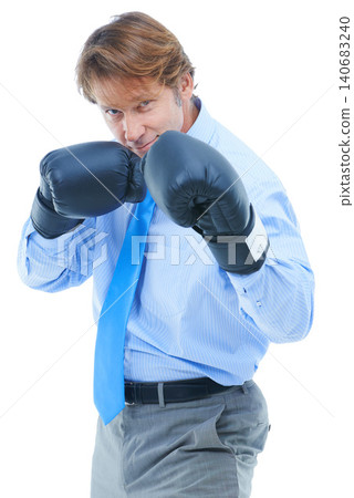 Businessman, portrait and boxing gloves in studio for competition, corporate opportunity and victory at work. Male person, face and confidence to fight for promotion on white background with smile Businessman, portrait and boxing gloves in studio for competition, corporate opportunity and victory at work. Male person, face and confidence to fight for promotion on white background with smile 140683240