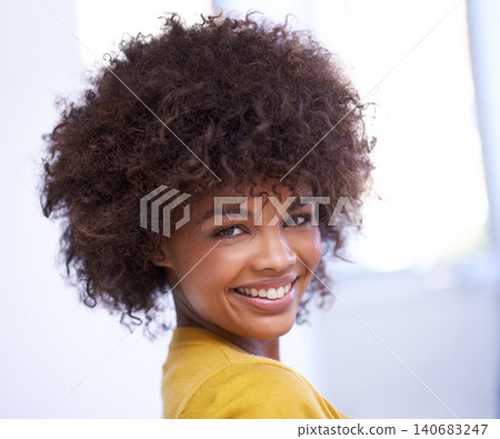 Portrait, smile and afro from happy female person, beauty and natural or skincare. Confidence, joy and curly haircare and relaxed for Brazilian woman, cosmetic and natural or healthy aesthetic Portrait, smile and afro from happy female person, beauty and natural or skincare. Confidence, joy and curly haircare and relaxed for Brazilian woman, cosmetic and natural or healthy aesthetic 140683247