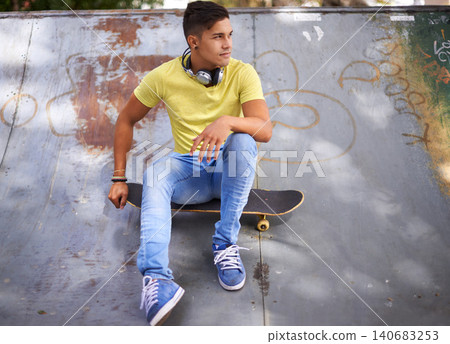 Skateboard, thinking and teenager in skate park for training, exercise and skating in city. Skater, fashion and young man in trendy, casual outfit and street style for sports, fun hobby and fitness Skateboard, thinking and teenager in skate park for training, exercise and skating in city. Skater, fashion and young man in trendy, casual outfit and street style for sports, fun hobby and fitness 140683253