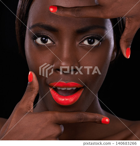 Black woman, lipstick and nail polish with hands for beauty cosmetics and surprise with bright makeup on dark background. Portrait, wow and orange lip balm with manicure, frame and cosmetology Black woman, lipstick and nail polish with hands for beauty cosmetics and surprise with bright makeup on dark background. Portrait, wow and orange lip balm with manicure, frame and cosmetology 140683266