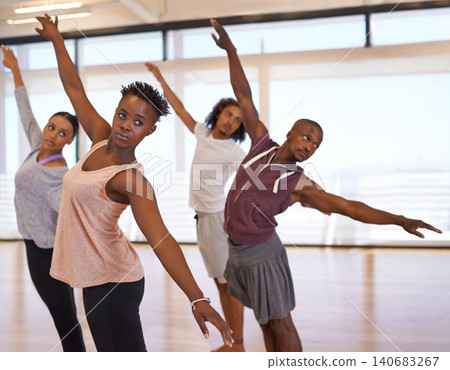 Group, dancer and people in studio for training with moving, steps and balance for exercise with rhythm. Men, women and dancing together for art, creativity and performance with ballet for workout 140683267