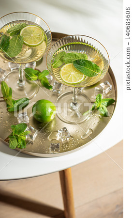 Refreshing summer cocktails with mint and lime on a golden tray Refreshing summer cocktails with mint and lime on a golden tray 140683608