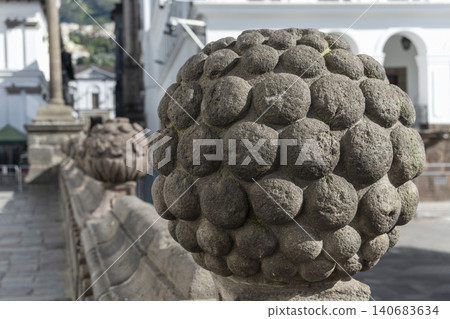 Detail of a spherical stone ornament at the Metropolitan Cathedral, Quito Detail of a spherical stone ornament at the Metropolitan Cathedral, Quito 140683634