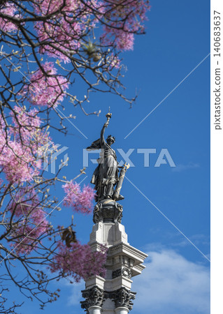 The Lady of Independence framed by arupo blossoms in Quito's Plaza Grande The Lady of Independence framed by arupo blossoms in Quito's Plaza Grande 140683637
