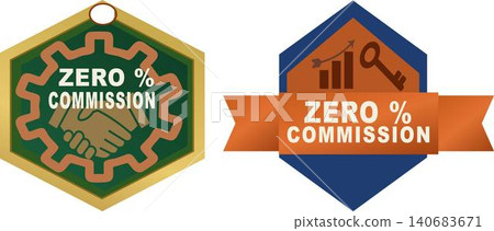 Green hexagonal badge with gear outline and handshake icon promoting zero percent commission 140683671