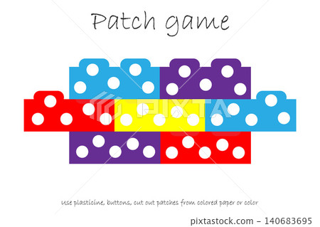 Education Patch game constructor for children. develop motor skills, use plasticine patches, buttons, colored paper or color the page, kids preschool activity, printable worksheet, vector illustration Education Patch game constructor for children. develop motor skills, use plasticine patches, buttons, colored paper or color the page, kids preschool activity, printable worksheet, vector illustration 140683695