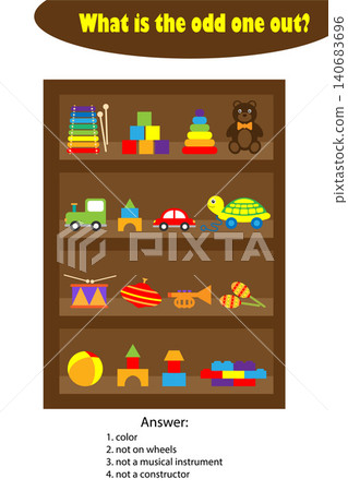 What is the odd one out for children, toys on shelves in cartoon style, fun education game for kids, preschool worksheet activity, task for the development of logical thinking, vector illustration What is the odd one out for children, toys on shelves in cartoon style, fun education game for kids, preschool worksheet activity, task for the development of logical thinking, vector illustration 140683696