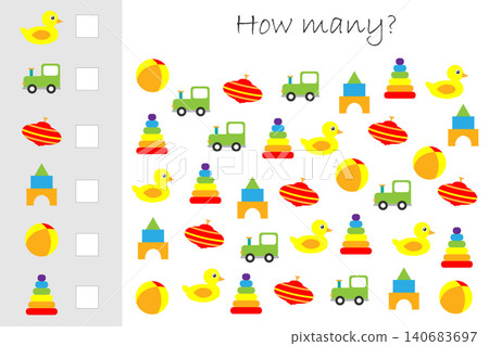 How many counting game with colorful toys for kids, educational maths task for the development of logical thinking, preschool worksheet activity, count and write the result, vector illustration How many counting game with colorful toys for kids, educational maths task for the development of logical thinking, preschool worksheet activity, count and write the result, vector illustration 140683697