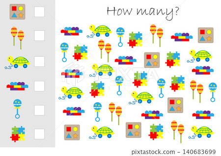 How many counting game with toys for kids, educational maths task for the development of logical thinking, preschool worksheet activity, count and write the result, vector illustration 140683699