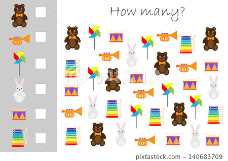 How many counting game with different toys for kids, educational maths task for the development of logical thinking, preschool worksheet activity, count and write the result, vector illustration How many counting game with different toys for kids, educational maths task for the development of logical thinking, preschool worksheet activity, count and write the result, vector illustration 140683709