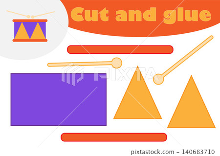 Drum in cartoon style, education game for the development of preschool children, use scissors and glue to create the applique, cut parts of the image and glue on the paper, vector illustration Drum in cartoon style, education game for the development of preschool children, use scissors and glue to create the applique, cut parts of the image and glue on the paper, vector illustration 140683710