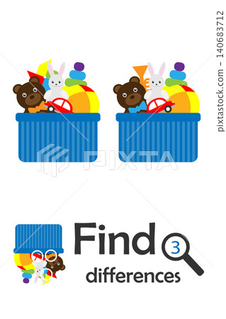 Find 3 differences, game for children, box with toys in cartoon style, education game for kids, preschool worksheet activity, task for the development of logical thinking, vector illustration Find 3 differences, game for children, box with toys in cartoon style, education game for kids, preschool worksheet activity, task for the development of logical thinking, vector illustration 140683712