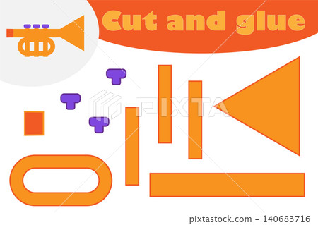Trumpet in cartoon style, education game for the development of preschool children, use scissors and glue to create the applique, cut parts of the image and glue on the paper, vector illustration Trumpet in cartoon style, education game for the development of preschool children, use scissors and glue to create the applique, cut parts of the image and glue on the paper, vector illustration 140683716
