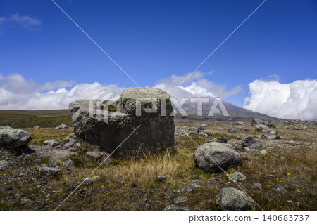 Isolated volcanic rock in the Andean highlands facing Cotopaxi Volcano 140683737