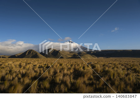 Snow-capped Cotopaxi volcano and small volcanic hills in the Ecuadorian paramo 140683847