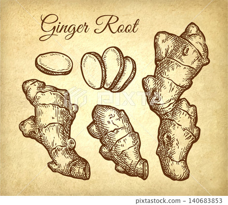 Fresh ginger root ink sketch set on old paper. 140683853