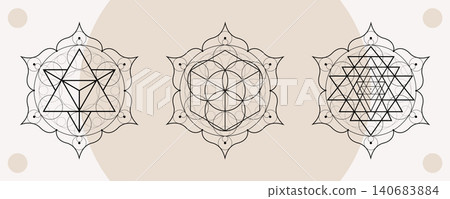 Merkabah, Flower of Life, Sri Yantra, set of Mystical simbols, Sacred Geometry. Collection of esoteric spiritual icons on Lotus flower mandala, logo tattoo, vector isolated on white background Merkabah, Flower of Life, Sri Yantra, set of Mystical simbols, Sacred Geometry. Collection of esoteric spiritual icons on Lotus flower mandala, logo tattoo, vector isolated on white background 140683884