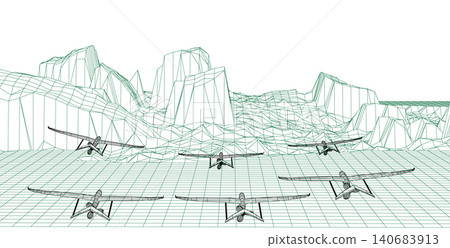 Multiple wireframe aircraft flying over a digital mountain terrain with a grid floor, illustrating a simulated drone flight Multiple wireframe aircraft flying over a digital mountain terrain with a grid floor, illustrating a simulated drone flight 140683913