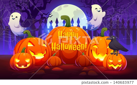 Halloween banner of carved pumpkins with lit faces surrounded by spider webs and a spooky fence, flying ghosts and crow. Happy Halloween holiday vector greeting card with haunted forest background Halloween banner of carved pumpkins with lit faces surrounded by spider webs and a spooky fence, flying ghosts and crow. Happy Halloween holiday vector greeting card with haunted forest background 140683977