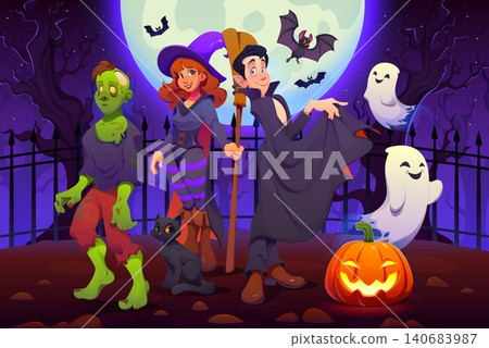 Happy Halloween characters and scary personages. Spooky zombie, young witch with broom, cheerful Dracula vampire and ghosts funny characters, black cat, pumpkin lantern standing together on cemetery Happy Halloween characters and scary personages. Spooky zombie, young witch with broom, cheerful Dracula vampire and ghosts funny characters, black cat, pumpkin lantern standing together on cemetery 140683987