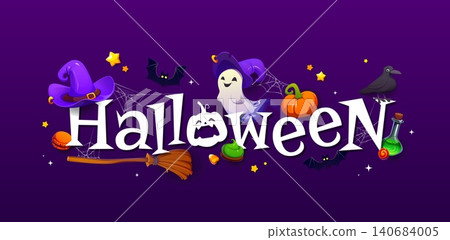 Happy Halloween greeting banner or card. October season flyer, Halloween party poster. Autumn celebration banner with cute ghost, witch hat and broom, bat, crow, magic potion, spiderweb and typography Happy Halloween greeting banner or card. October season flyer, Halloween party poster. Autumn celebration banner with cute ghost, witch hat and broom, bat, crow, magic potion, spiderweb and typography 140684005