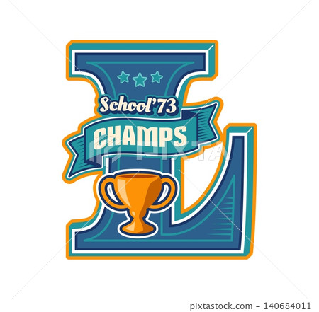 Varsity sport team patch label L, academy club patch label. College league varsity typography sign, sport team emblem vector badge. Sport club patch with golden cup, blue ribbon and retro typography 140684011