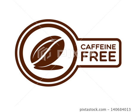 Caffeine free badge or icon. Caffeine free product emblem, decaffeinated drink symbol. Decaf coffee or tea sign or stimulant free food isolated icon with coffee bean in circle and text 140684013