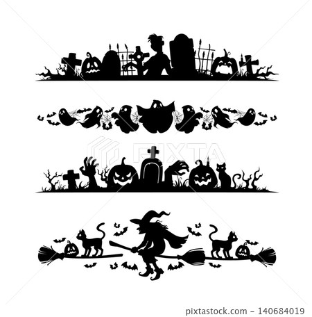 Halloween divider separators and border frames. Halloween frame divider, Autumn holiday spacer. Horror season border with zombie on cemetery, ghosts, flying on broom witch, gravestones silhouettes Halloween divider separators and border frames. Halloween frame divider, Autumn holiday spacer. Horror season border with zombie on cemetery, ghosts, flying on broom witch, gravestones silhouettes 140684019