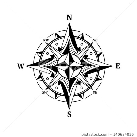 Vintage cartography map compass or wind rose symbol. Antique pirate treasure cartography monochrome compass, old historical map element. Vintage geography navigation wind rose Vintage cartography map compass or wind rose symbol. Antique pirate treasure cartography monochrome compass, old historical map element. Vintage geography navigation wind rose 140684036