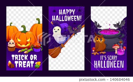 Halloween posters and social media templates with carved pumpkins, cupcakes, candies. Ghost flies with broom and hat, while cauldron of magic potion, owl, red mushrooms and potions on vector posters Halloween posters and social media templates with carved pumpkins, cupcakes, candies. Ghost flies with broom and hat, while cauldron of magic potion, owl, red mushrooms and potions on vector posters 140684046