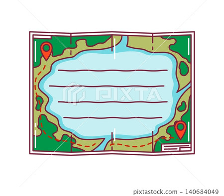 Camping travel paper map kids memo note template. Trekking schedule frame, travel planner to do list vector label. Camping kids memo note with river or lake shore, hiking route marks on paper map Camping travel paper map kids memo note template. Trekking schedule frame, travel planner to do list vector label. Camping kids memo note with river or lake shore, hiking route marks on paper map 140684049