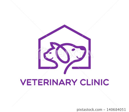 Cheerful dog and cat pets, veterinary clinic icon. Pet veterinary clinic symbol, dog vet doctor isolated icon. Cat veterinarian hospital sign or emblem with cat and dog purple line silhouettes 140684051