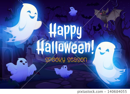 Cartoon glowing Halloween white ghosts floating over a dark graveyard. Flying bats, bare trees, gravestones cemetery landscape with eerie ghosts. Halloween holiday vector banner with funny ghosts Cartoon glowing Halloween white ghosts floating over a dark graveyard. Flying bats, bare trees, gravestones cemetery landscape with eerie ghosts. Halloween holiday vector banner with funny ghosts 140684055