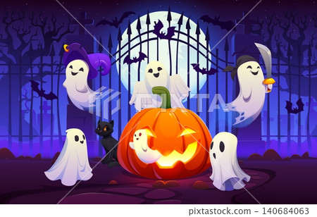 Cartoon Halloween ghosts flying near cemetery gate and giant pumpkin jack o lantern. Black cat and eerie moonlight complete the scene. Halloween holiday vector banner with ghosts on graveyard Cartoon Halloween ghosts flying near cemetery gate and giant pumpkin jack o lantern. Black cat and eerie moonlight complete the scene. Halloween holiday vector banner with ghosts on graveyard 140684063
